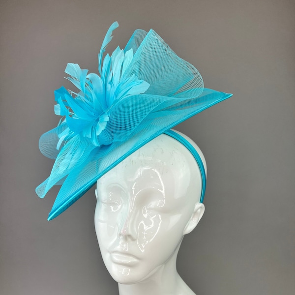 Turquoise Crinoline Mesh Fascinator with Headband , Turquoise Derby Hat, Women's Tea Party Hat, Church Hat, Royal Hat, Horse Hair Hat