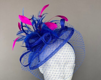 Royal Blue and fuchsia pink Fascinator, The Brynlee DerbyTea Party Hat, Hat with Veil, Kentucky Derby Hat, Fancy Hat, Tea Party Hat,