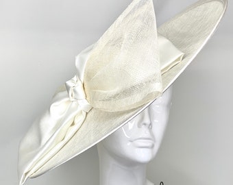 Ivory Sinamay Derby Hat with white satin bow Womens Tea Party Hat, Church Hat, Derby Hat, Fancy Hat, Ivory  Hat, Tea Party Hat, wedding hat