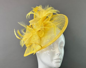 Yellow Fascinator Hat for Women Kentucky derby hat for Wedding Guest headpiece for high Tea garden Party luncheon Church Formal Event hat