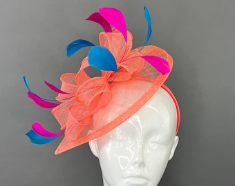Coral pink Fascinator with turquoise and fuchsia Kentucky Derby Hat Fancy Hat Wedding Hat British Hat