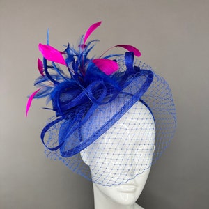 Royal Blue and fuchsia pink Fascinator, The Brynlee DerbyTea Party Hat, Hat with Veil, Kentucky Derby Hat, Fancy Hat, Tea Party Hat,