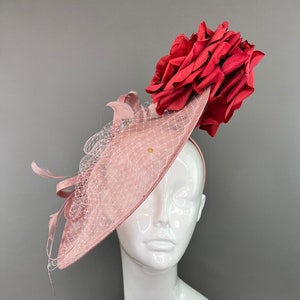 Blush Pink Red Roses Fascinator on headband, British Hat, Womens Tea Party Hat, Church Hat, Derby Hat, Fancy Hat, Pink Hat, Tea Party Hat,