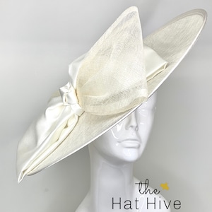 Ivory Sinamay Derby Hat with white satin bow Womens Tea Party Hat, Church Hat, Derby Hat, Fancy Hat, Ivory  Hat, Tea Party Hat, wedding hat