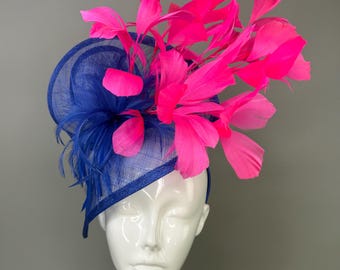 Royal Blue and hot pink Feather Fascinator on headband, Kentucky derby hat, women’s Tea Party Hat formal event headpiece
