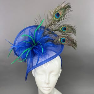 Royal Blue Peacock Fascinator Tea Party Hat Church Hat Kentucky Derby Hat British Hat Wedding hat Blue Fascinator, womens hat, Royal Hat
