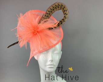 Coral Pink Fascinator with Pheasant Feather attaches with headband, Women's Tea Party Hat, Derby Hat, Wedding Hat, Kentucky Der