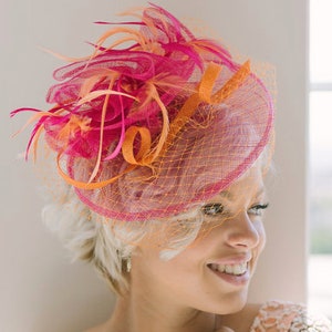 Orange and fuchsia pink Fascinator Hat with veil for the Kentucky Derby horse race hat garden tea party headpiece formal headpiece for women
