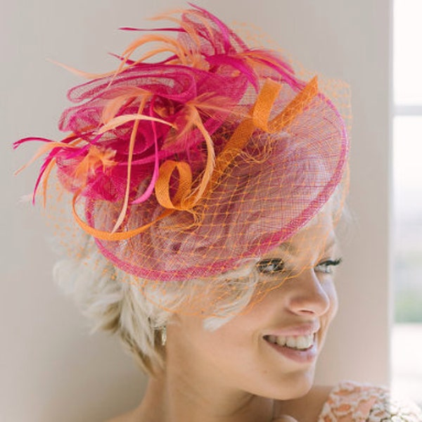 Orange and fuchsia pink Fascinator Hat with veil for the Kentucky Derby horse race hat garden tea party headpiece formal headpiece for women