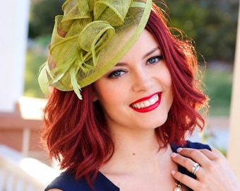 Olive Green Fascinator Hat for The Kentucky Derby hat tea party theme bridal shower baby derby theme headpiece for womens formal events