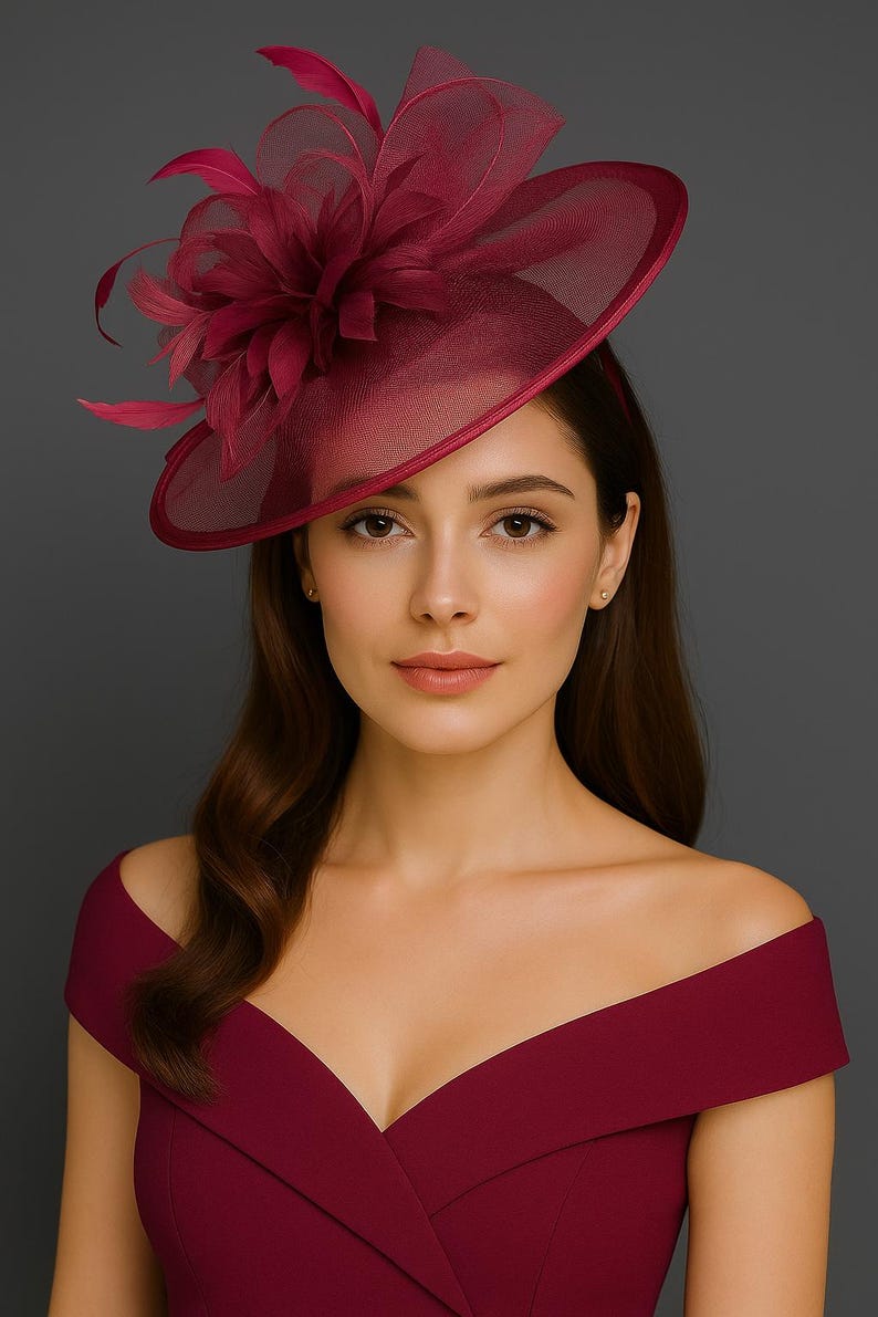 Merlot Maroon Fascinator Kentucky Derby Hat Womens Tea Party Hat Church Hat Fancy Hat for fall formal event for women fashion hat headpiece image 1
