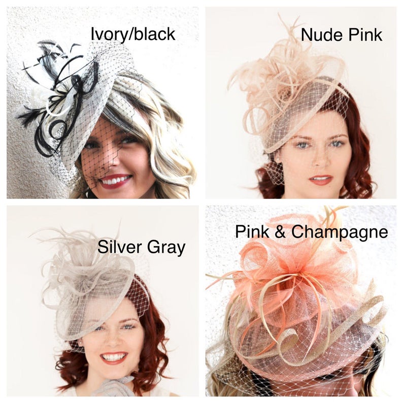May include: Four different fascinator hats in various colors. The hats are in ivory/black, nude pink, silver gray, and pink & champagne. Each hat has a veil and decorative feathers. The text labels each hat's color.