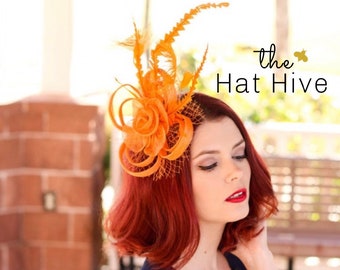 Orange Crystal Rhinestone Full Fascinator Hat for Church  display picture 2