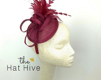 Maroon mini Fascinator hat with feathers Women's Tea Party Hat Kentucky Derby Hat Fancy headpiece for ladies formal hat fall fascinator