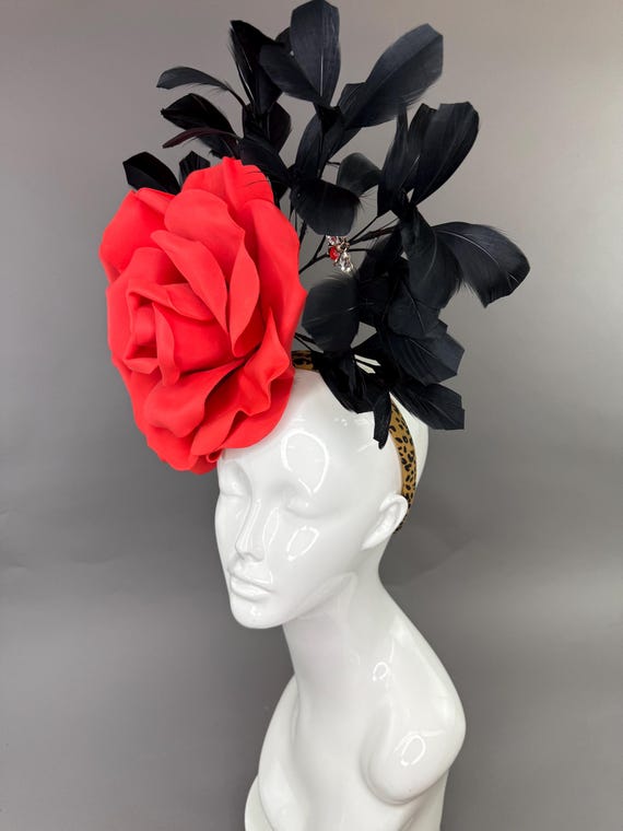 Kentucky Derby Hat Fascinator With Red Rose and Black  display picture 1