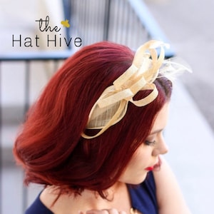 Gold Fascinator for women on headband Womens Tea Party Hat Church Hat Derby Hat Champagne Gold Tea Party hat small fascinator hat
