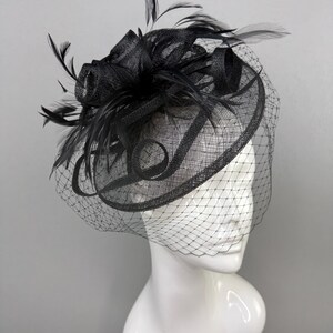 Black Fascinator veil Hat for Women formal black hat for Kentucky Derby Races Cocktail Headpiece Formal Event Headband funeral hat with veil image 6