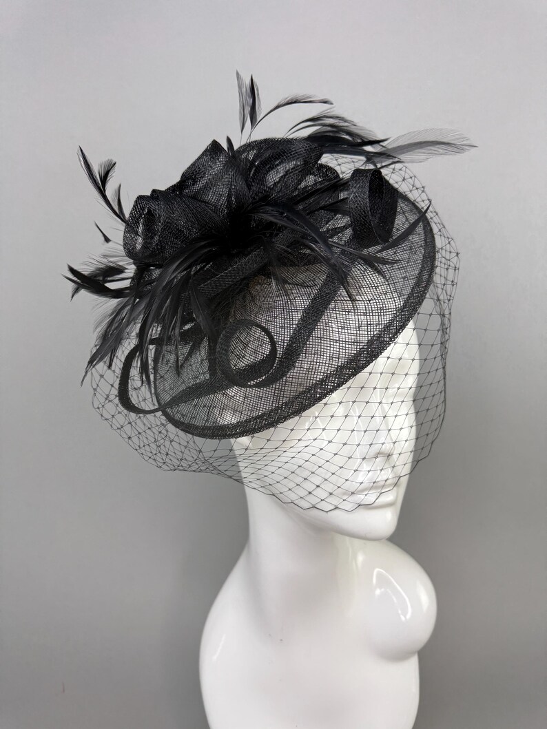 Black Fascinator veil Hat for Women formal black hat for Kentucky Derby Races Cocktail Headpiece Formal Event Headband funeral hat with veil image 6
