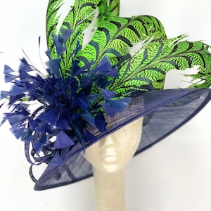 Kentucky Derby Hat, Navy Blue & Lime Green Church hat, Tea Party Hat, Navy Blue Hat, Fashion Hat, Derby Hat