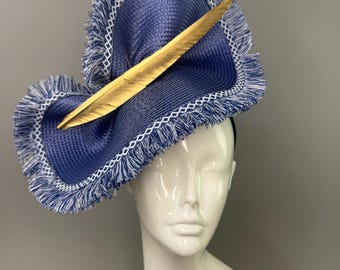 Boho chic blue fascinator with floating gold feather - boho chic Kentucky derby fascinator hat