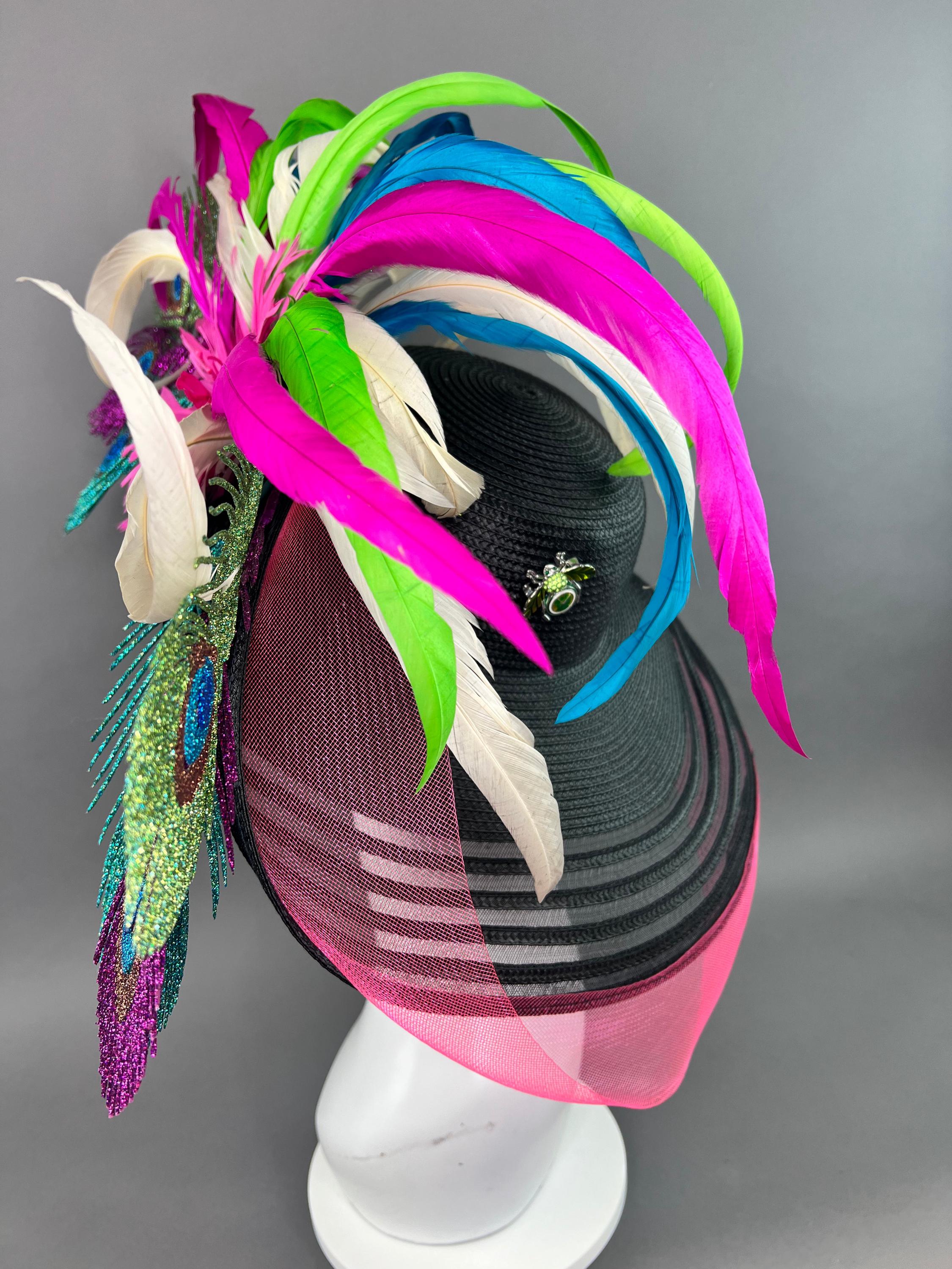 Black Kentucky Derby Hat With Glitter Peacock Feathers Pink  display picture 1