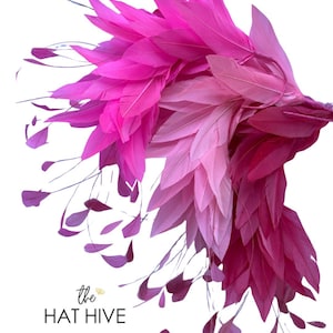 Könnte beinhalten: Ein Arrangement aus leuchtend rosa Federn, die von tiefem Magenta zu hellem Rosa übergehen. Zarte lila Blätter und Stiele erstrecken sich von der Hauptanordnung. Der Text "the HAT HIVE" ist unten links sichtbar.