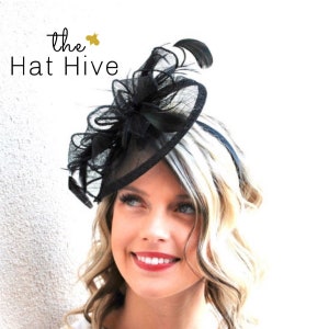 Black Fascinator Hat for Kentucky Derby Party horse races Wedding guest hat for Funeral tea Party Church Easter or Formal Vintage headpiece