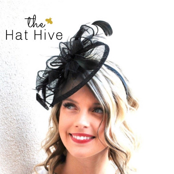 Black Fascinator Hat for Kentucky Derby Party horse races Wedding guest hat for Funeral tea Party Church Easter or Formal Vintage headpiece