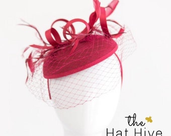 Merlot Wine Maroon Fascinator with veil on headband - Women's Tea Party Hat, Church Hat, Derby Hat, Fancy Hat, wedding hat, British Hat