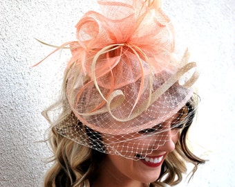 Pink and Tan Fascinator on Headband With Veil, Kentucky  display picture 3