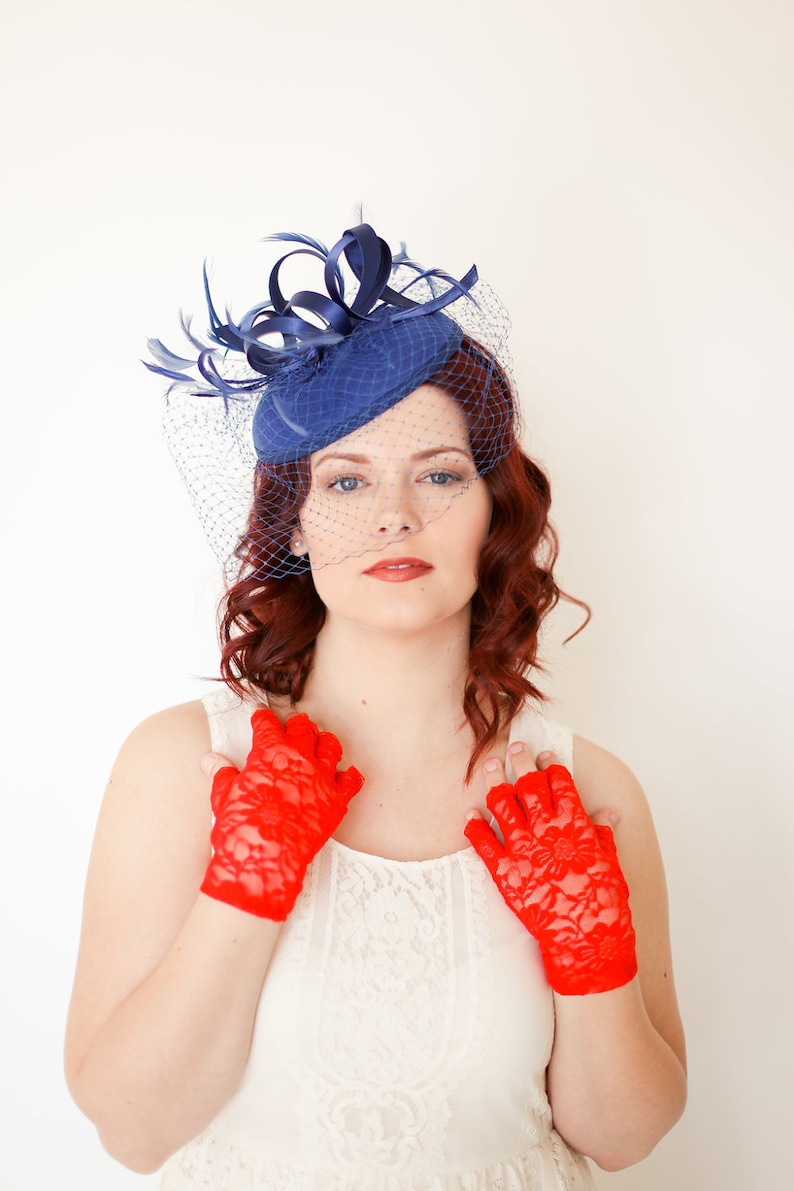 Church Hat Ivory Hat Fancy Hat Navy Blue Fascinator with Veil Derby Hat British Hat wedding hat Womens Tea Party Hat