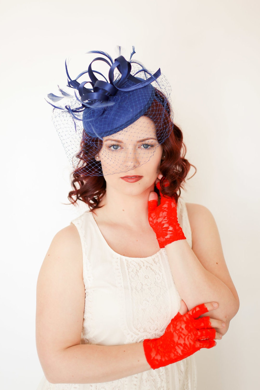Navy Blue Fascinator With Veil Womens Tea Party Hat Church Hat Derby navy-blue-fascinator-with-veil-womens-tea-party-hat-church-hat-derby