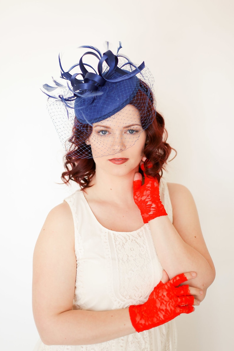 Church Hat Ivory Hat Fancy Hat Navy Blue Fascinator with Veil Derby Hat British Hat wedding hat Womens Tea Party Hat