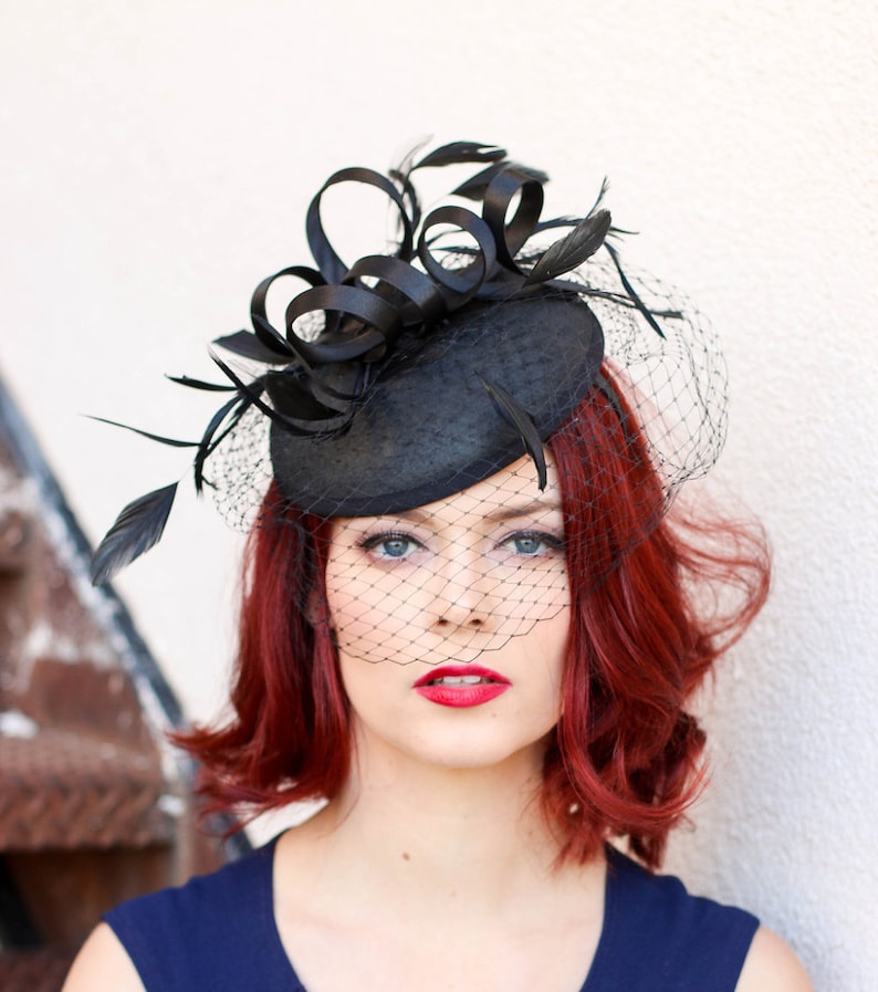 The Madelyn Black Fascinator with veil Women's Tea Party Etsy