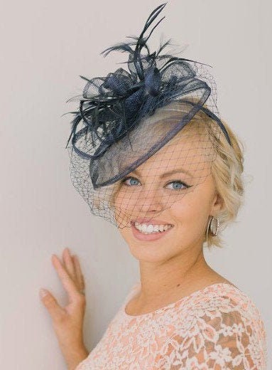 Navy Blue Fascinator With Veil on Comfortable Headband  display picture 1