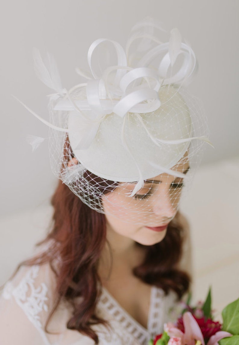 light ivory Fascinator on headband with Veil, Women's Tea Party Hat, Church Hat, Derby Hat, Fancy Hat, wedding hat, British Hat image 3