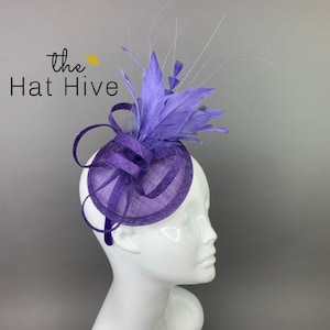 May include: A purple and lavender hat with a feather accent. The hat is on a white mannequin head. The text "the Hat Hive" is in the top left corner of the image.