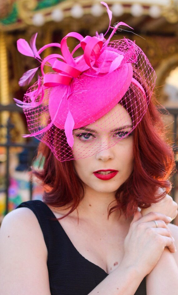 Hot pink fascinator with veil, Kentucky Derby, Fuchsia pink fascinator ...