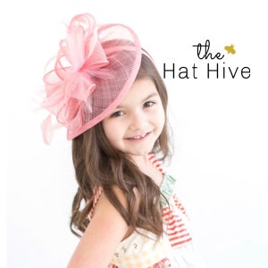 Girls Pink Fascinator Hat for Kentucky Derby Weddings Tea Parties Child Feather Headpiece on Headband Birthday Flower Girl Hair Accessory