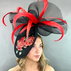 Black with red rose embroidery fascinator hatinator Kentucky Derby Hat Red Rose derby hat Kentucky Derby Fashion The Hat Hive