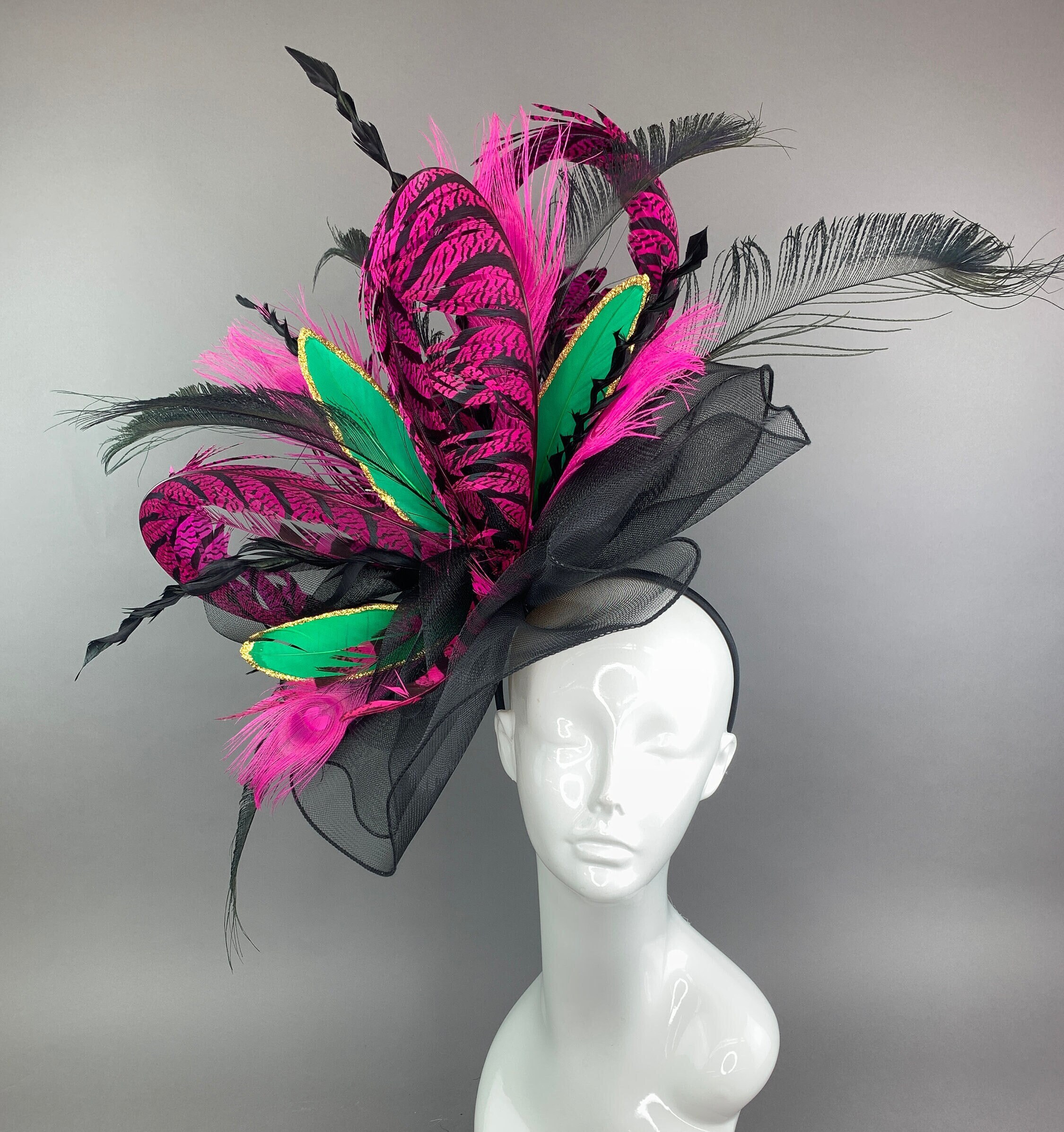 Gorgeous Derby Hat Flax Black W/Fuchsia Feathers Kentucky Derby Hat, Wide Brim Hat, Ky Derby Hat, Fuchsia Hot  main image 2