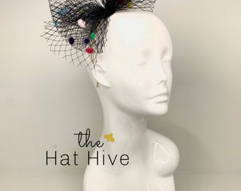 Confetti Mesh Fascinator with multi color accents, womens Tea Party Hat, Church Hat, Derby Hat, Fancy Hat, Black Hat, wedding hat,
