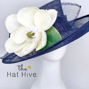 Womens formal wide brim Hat Adorned with Magnolia Flower Perfect for Kentucky Derby Garden Party Church Formal Event Tea Party Hat luncheon