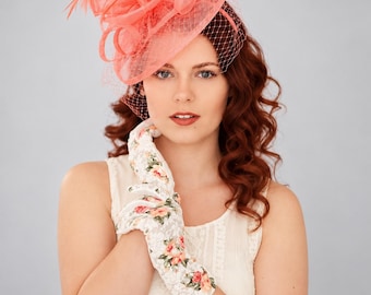 Coral Pink Fascinator on headband : Kentucky Derby hat, Tea Party Hat, church hat, ladies garden tea party hat, horse race hat for women