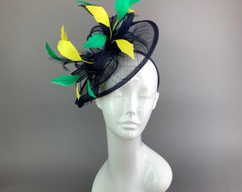 Navy Blue Fascinator with yellow and green feathers on headband, Available in other colors, Women's Tea Party Hat, Derby Hat,