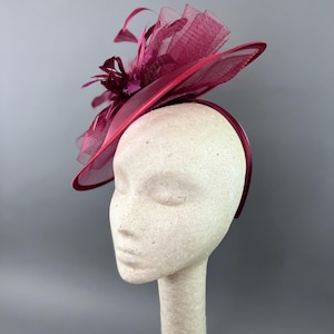 May include: A burgundy fascinator with a large, curled feather and a delicate netting. The fascinator is attached to a headband.