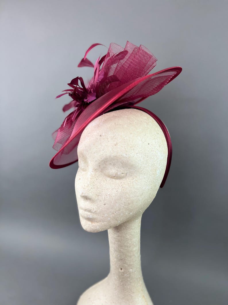 May include: A burgundy fascinator with a large, curled feather and a delicate netting. The fascinator is attached to a headband.
