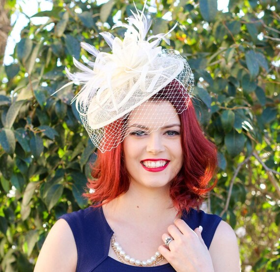 Ivory Fascinator Hat With Veil Attached With Headband Ladies  display picture 1