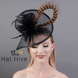 Black Fascinator with Pheasant Feather attaches with headband, Women's Tea Party Hat, Derby Hat, Wedding Hat, Kentucky Der