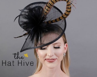 Black Fascinator with Pheasant Feather attaches with headband, Women's Tea Party Hat, Derby Hat, Wedding Hat, Kentucky Der